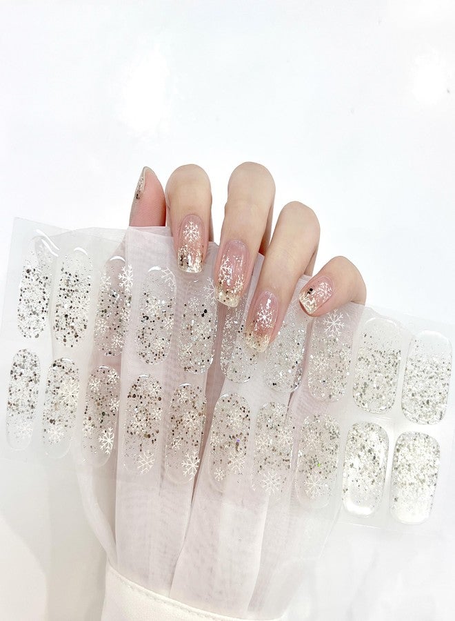 LIFOOST Snowflakes Semi Cured Gel Nail Strips Christmas Nail Stickers Clear with Glitter Gold Sequins Manicure Wraps - Image 1