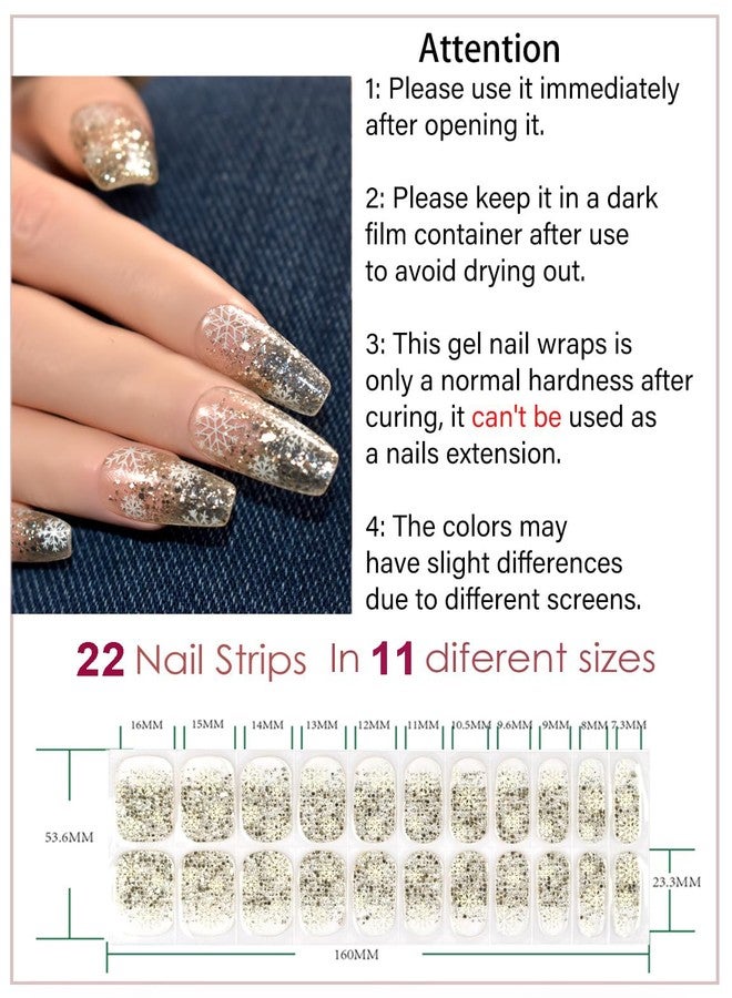 LIFOOST Snowflakes Semi Cured Gel Nail Strips Christmas Nail Stickers Clear with Glitter Gold Sequins Manicure Wraps - Image 3