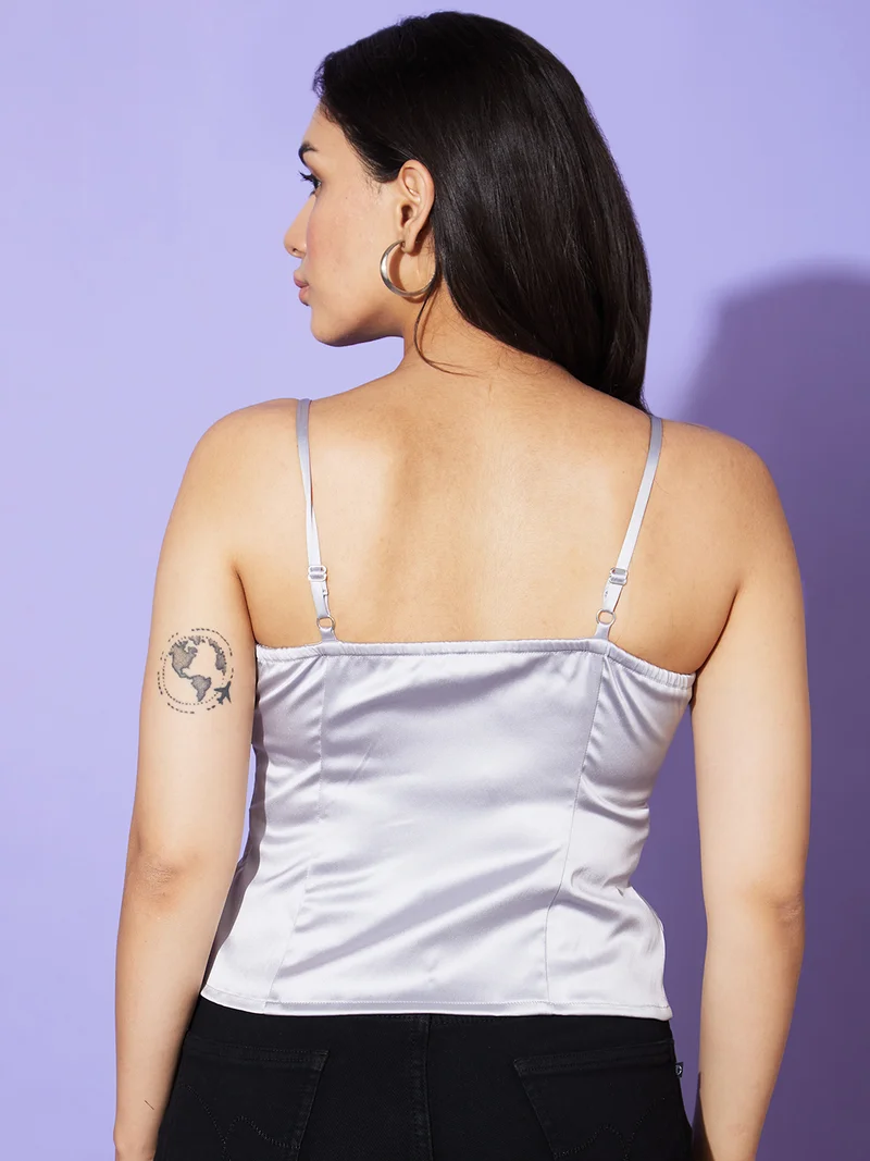 globus Women Grey Shoulder Strap Satin Top