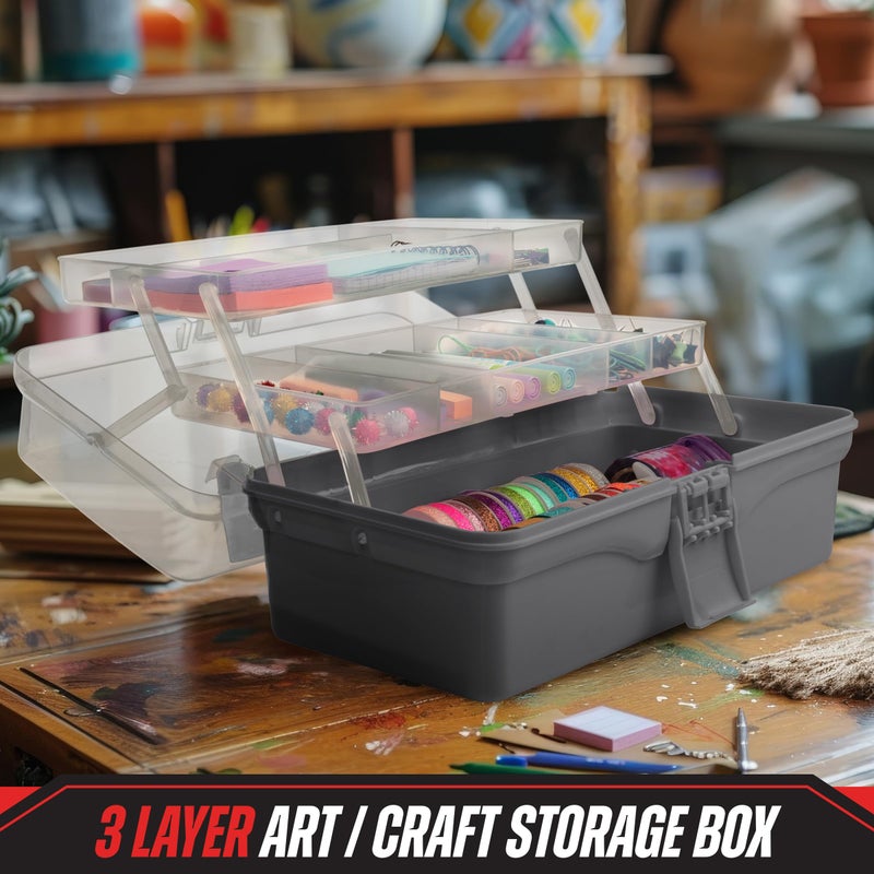Stalwart - 14â€ Plastic Tackle Box Organizer - 3-Layer Portable Sewing Box, Art Caddy, Craft Storage, First Aid Medicine Utility Toolbox or Hair Accessories Organizer with Latch and Handle (Gray) - Image 4