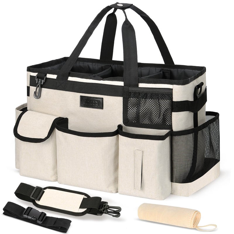 Storage Standard Cleaning Caddy Organizer With Handle - Large Caddy Bag For House & Bathroom Cleaning Supplies  15 X 8 X 10.5 Inches Cleaning Supply Caddy  Housekeeping Tote With Adjustable Strap - Beige - Image 1