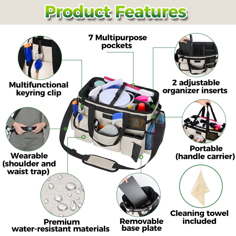 Storage Standard Cleaning Caddy Organizer With Handle - Large Caddy Bag For House & Bathroom Cleaning Supplies  15 X 8 X 10.5 Inches Cleaning Supply Caddy  Housekeeping Tote With Adjustable Strap - Beige - Image 3