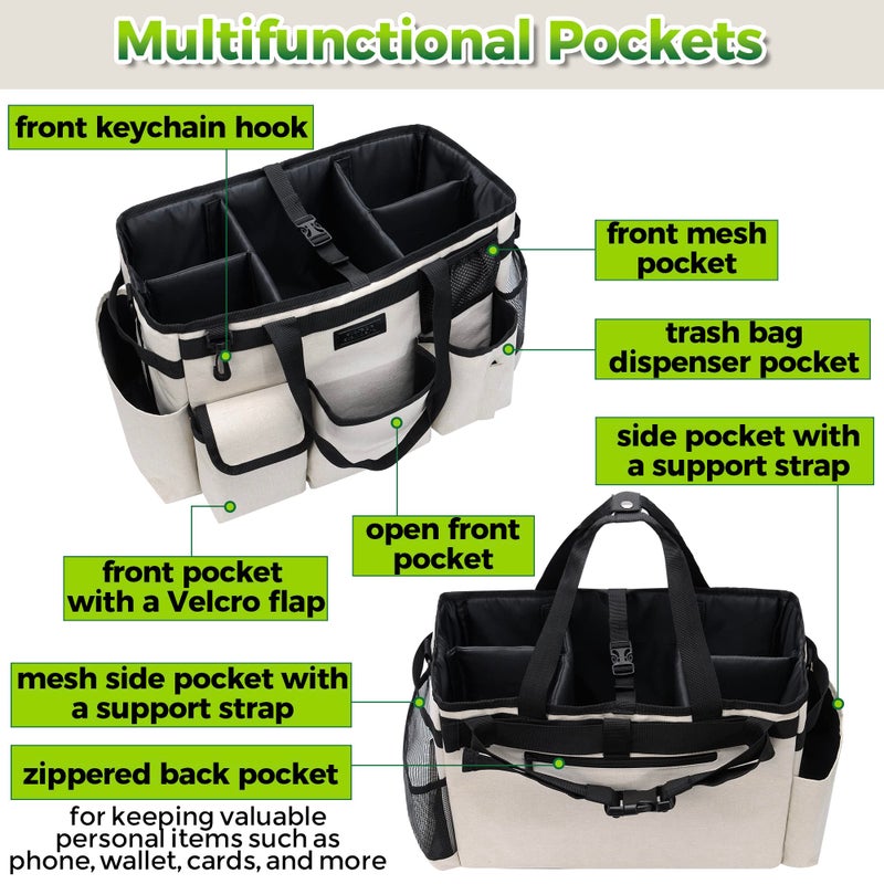 Storage Standard Cleaning Caddy Organizer With Handle - Large Caddy Bag For House & Bathroom Cleaning Supplies  15 X 8 X 10.5 Inches Cleaning Supply Caddy  Housekeeping Tote With Adjustable Strap - Beige - Image 5