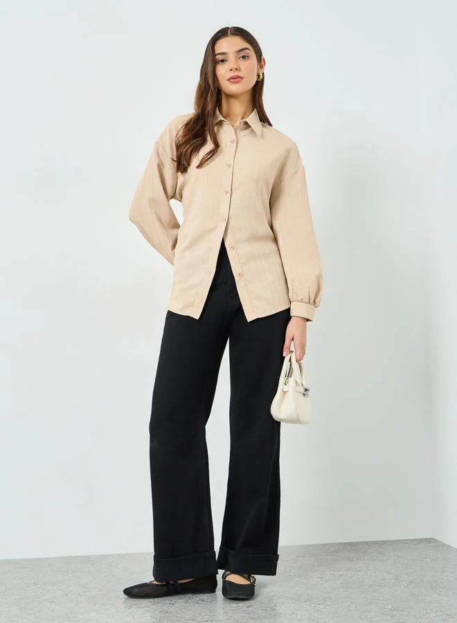 Take Two Beige Textured Long Sleeve Shirt