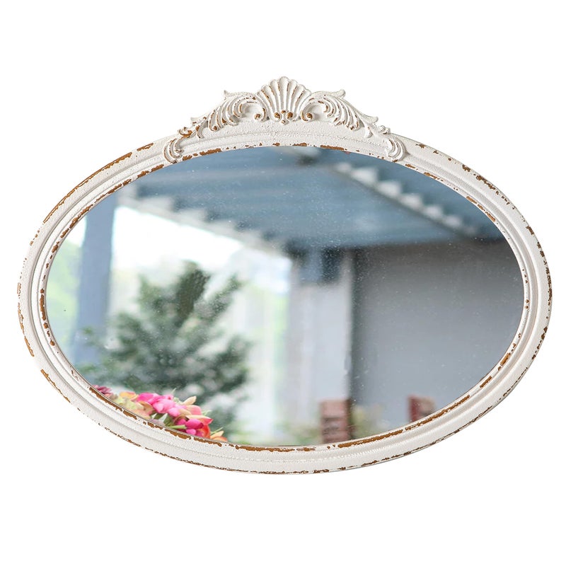 Sintosin Vintage Oval Bathroom Mirrors for Over Sink 24 X 18 Wall Hanging Antique Arendahl Mirrors for Bedroom Horizontal Distressed White Farmhouse Wood Baroque Mirror for Living Room