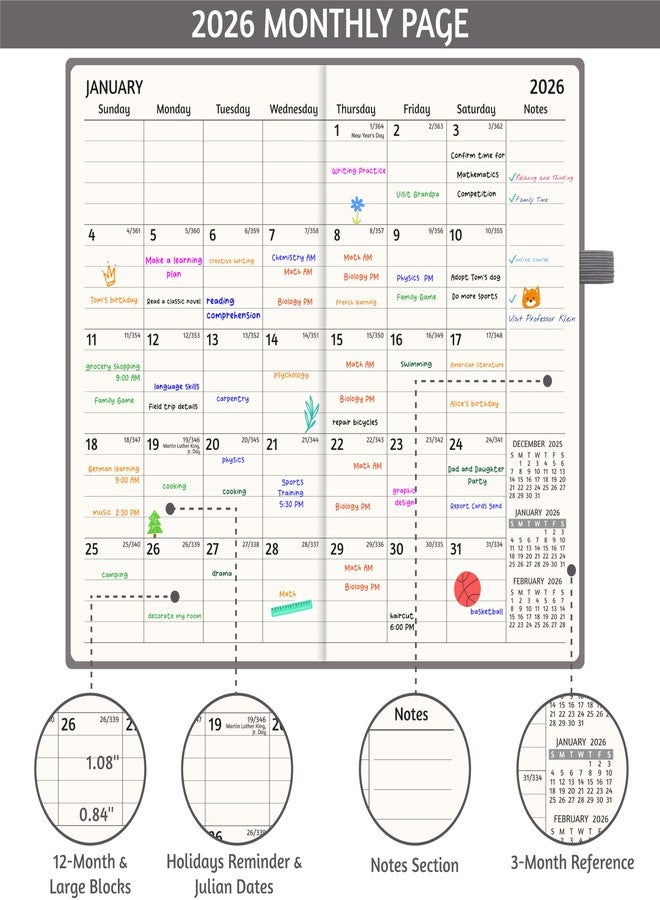 GoiUnlt 2026 Planner, Weekly ＆ Monthly Planner 2026, Jan 2026 - Dec 2026, 3.6" x 6.2", Flexible Cover, 12 Monthly Tabs, Thick Paper, Spiral Wirebound, Inner Pocket, Grey - Image 3
