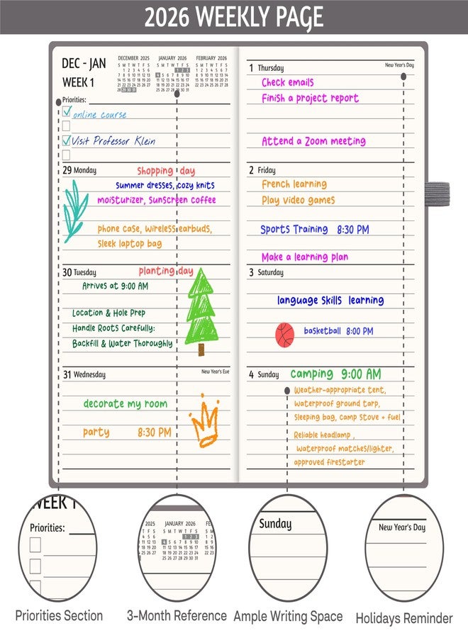 GoiUnlt 2026 Planner, Weekly ＆ Monthly Planner 2026, Jan 2026 - Dec 2026, 3.6" x 6.2", Flexible Cover, 12 Monthly Tabs, Thick Paper, Spiral Wirebound, Inner Pocket, Grey - Image 4