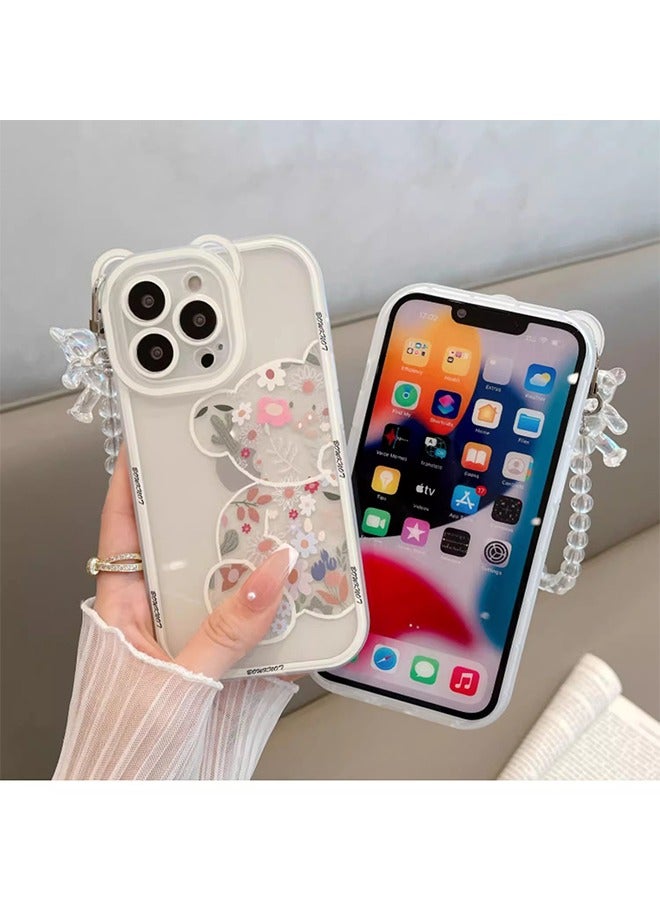 Compatible with iPhone 15 Pro Max Case, Cute Flowers Bear Camera Protector Clear Case Cover with Lovely Strap Bracelet Chain Girls Women Case for iPhone 15 Pro Max  - Image 2