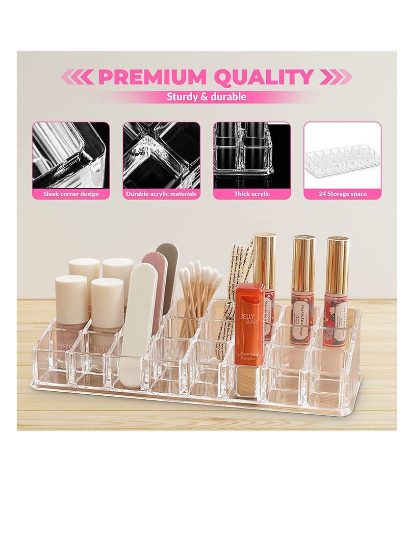 Excefore - Lipstick Holder, 24 Slots Clear Acrylic Lipstick Organizer Display Transparent Makeup Organizer, Multipurpose Makeup Organizer Stand for Lip Gloss Tubes, Balm, Mascara, Make Up Brushes Jewelry - Image 1
