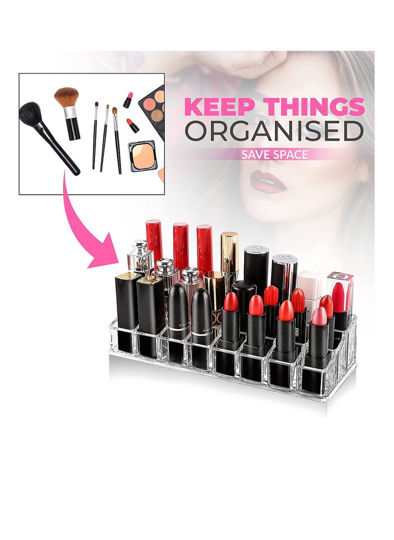 Excefore - Lipstick Holder, 24 Slots Clear Acrylic Lipstick Organizer Display Transparent Makeup Organizer, Multipurpose Makeup Organizer Stand for Lip Gloss Tubes, Balm, Mascara, Make Up Brushes Jewelry - Image 1