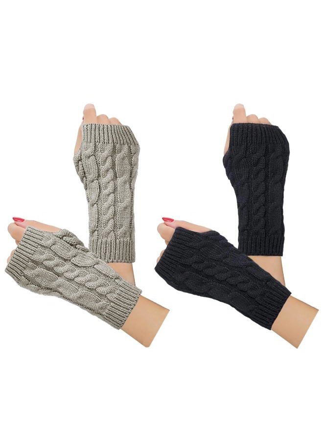 Justay 2 Pairs Women Winter Warm Knit Fingerless Gloves Hand Crochet Thumbhole Arm Warmers Mitten（2 Pairs Twist（Black+Light Grey）） - Image 1