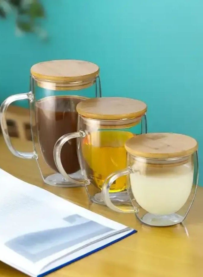 1Chase Double Walled Coffee Cups With Handle Bamboo Lid Set Includes 1xLarge 450ml, 1xMedium 350ml, 1xSmall 250ml  - Image 2