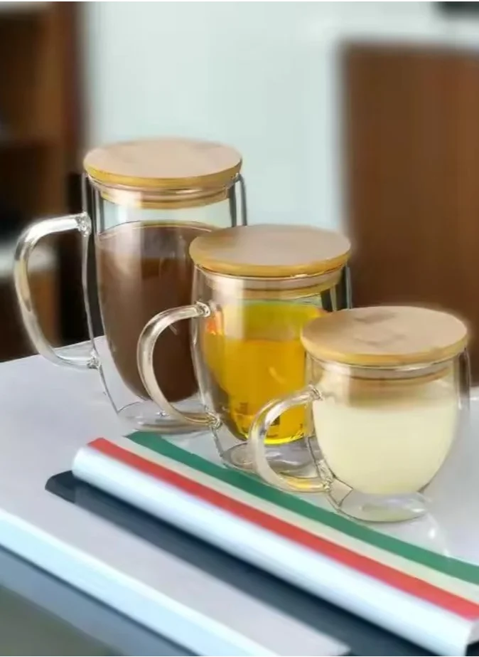 1Chase Double Walled Coffee Cups With Handle Bamboo Lid Set Includes 1xLarge 450ml, 1xMedium 350ml, 1xSmall 250ml