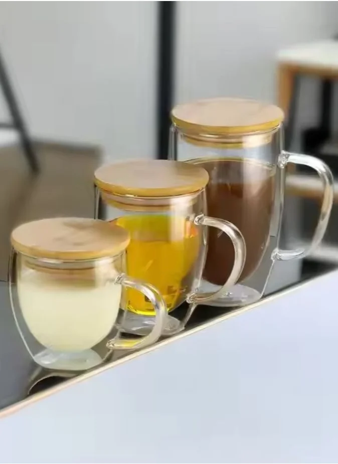 1Chase Double Walled Coffee Cups With Handle Bamboo Lid Set Includes 1xLarge 450ml, 1xMedium 350ml, 1xSmall 250ml