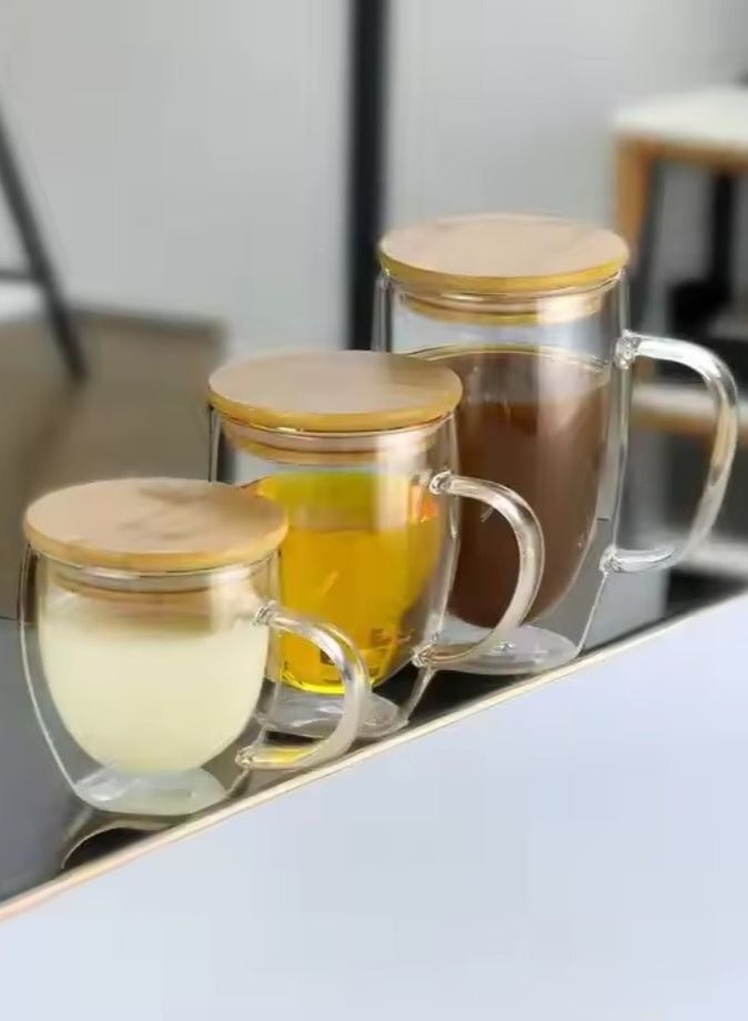 1Chase Double Walled Coffee Cups With Handle Bamboo Lid Set Includes 1xLarge 450ml, 1xMedium 350ml, 1xSmall 250ml  - Image 4