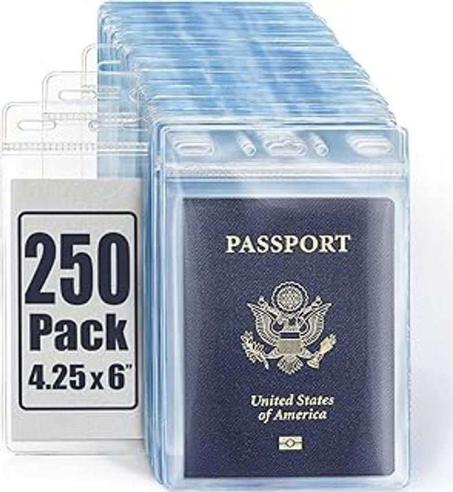 4x6 XXL Vertical Passport ID Badge Card Holders - Zipperless 100 Pack | Mifflin large clear plastic Quick Load passport holder with soft edge, 5 pre-punched holes for all lanyards