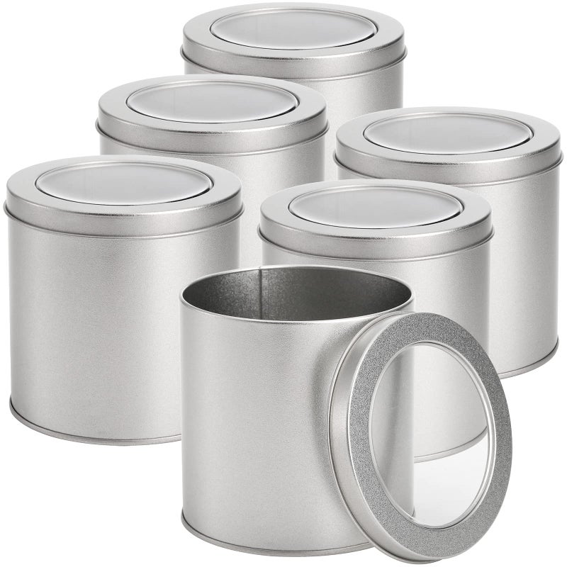 Tosnail 6 Pack Round Metal Tins Canister with Window Top Lid, 17 Oz Tin Can Box, Large Kitchen Tin Container for Loose Tea, Coffee, Candy, Spices - Silver - Image 1