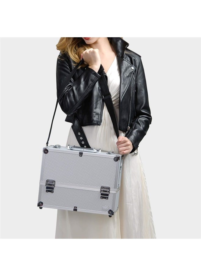 Joligrace Extra Large Makeup Train Case 6 Tray Make Up Artists Organizer Box Lockable Cosmetic Jewelry Toiletries Carrier Crafters Tool Cases with Adjustable Dividers & Shoulder Strap - Silver 