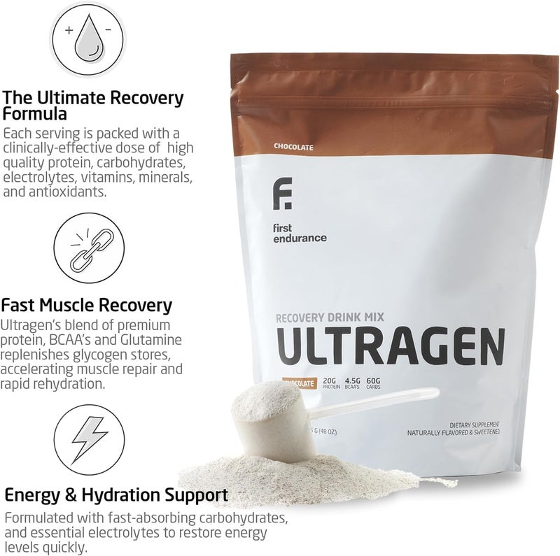 FIRST ENDURANCE Ultragen Workout Recovery Drink Powder Protein Mix Boosts Energy Accelerates Recovery  Chocolate 15 Servings - Image 2