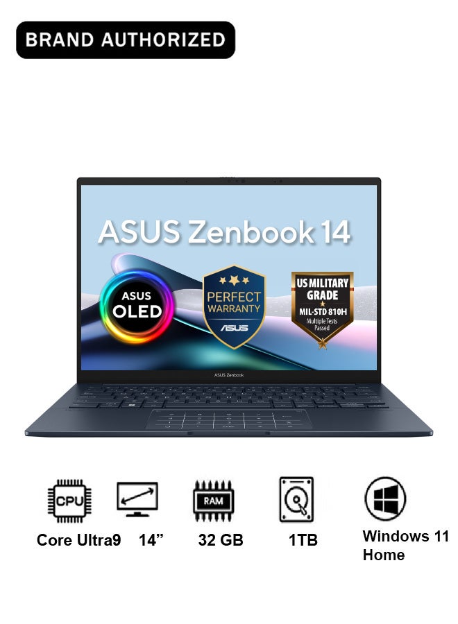 ASUS Zenbook Laptop With 14 Inch (2880x1800) Display, Core Ultra 9 285H Processor/32GB RAM DDR5/1TB SSD/Intel Arc Graphics/Windows 11 Home/ English/Arabic Ponder Blue - Image 1