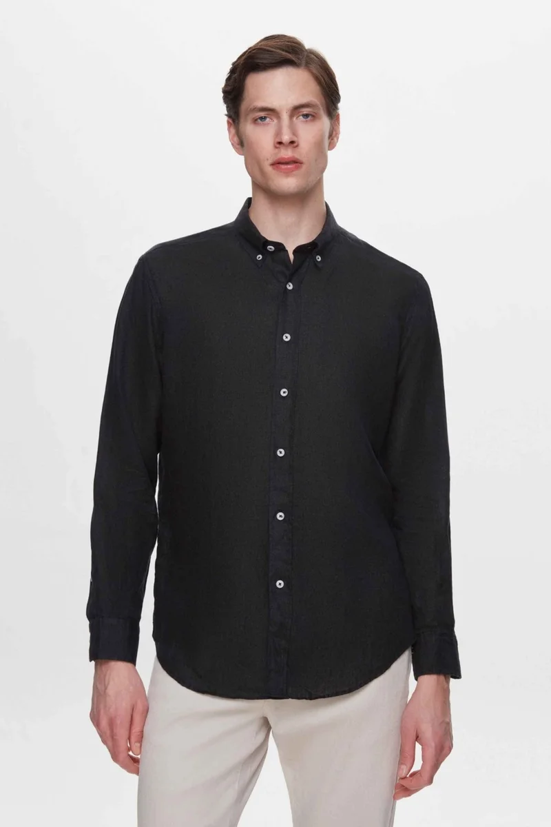 D'S DAMAT Comfort Black 100% Linen Shirt 2HC02G803265M
