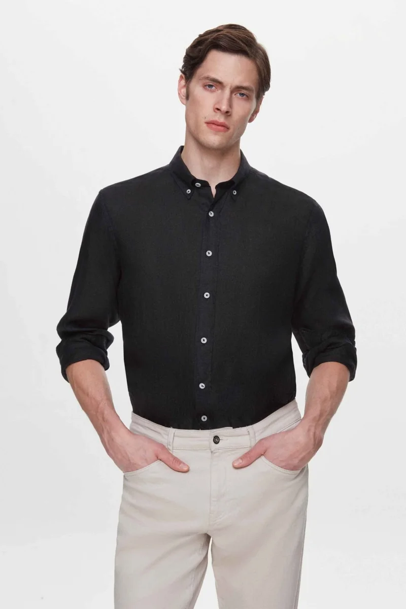 D'S DAMAT Comfort Black 100% Linen Shirt 2HC02G803265M