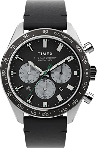 TIMEX ساعة تيمكس للرجال ووتربوري دايفر كرونوغراف أوتوماتيكية 41 مم - قرص أسود مع علبة من الفولاذ المقاوم للصدأ وحزام جلدي أسود - Image 1