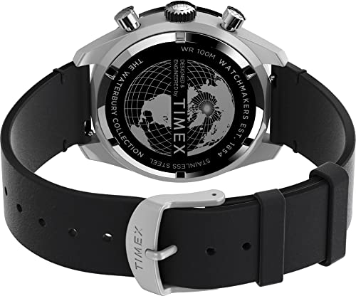 TIMEX ساعة تيمكس للرجال ووتربوري دايفر كرونوغراف أوتوماتيكية 41 مم - قرص أسود مع علبة من الفولاذ المقاوم للصدأ وحزام جلدي أسود - Image 2