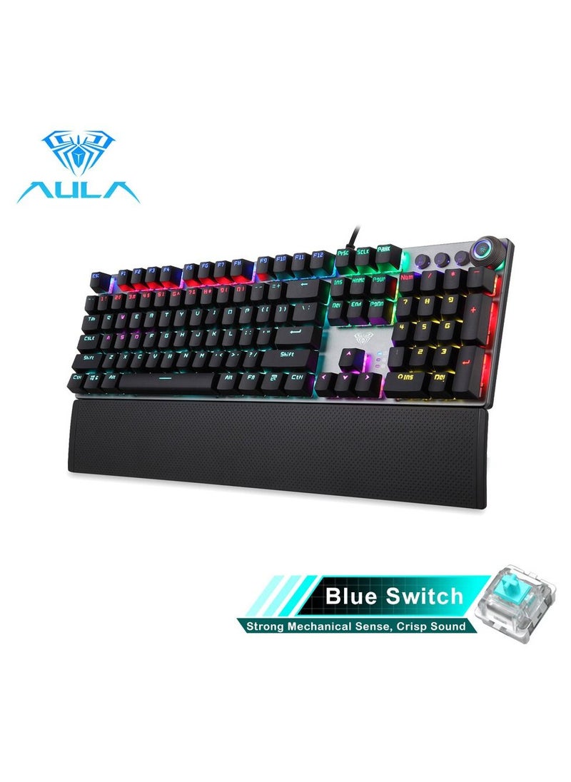 AULA - Mechanical Gaming Keyboard NKRO with Wrist Rest RGB Backlit Volume/Lighting Control Knob Fully Programmable 108-Keys Anti-Ghosting Wired Computer Keyboards for Office/Games, Blue Switch - Image 1