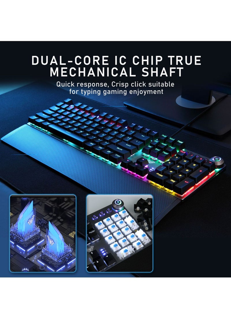 AULA - Mechanical Gaming Keyboard NKRO with Wrist Rest RGB Backlit Volume/Lighting Control Knob Fully Programmable 108-Keys Anti-Ghosting Wired Computer Keyboards for Office/Games, Blue Switch - Image 1