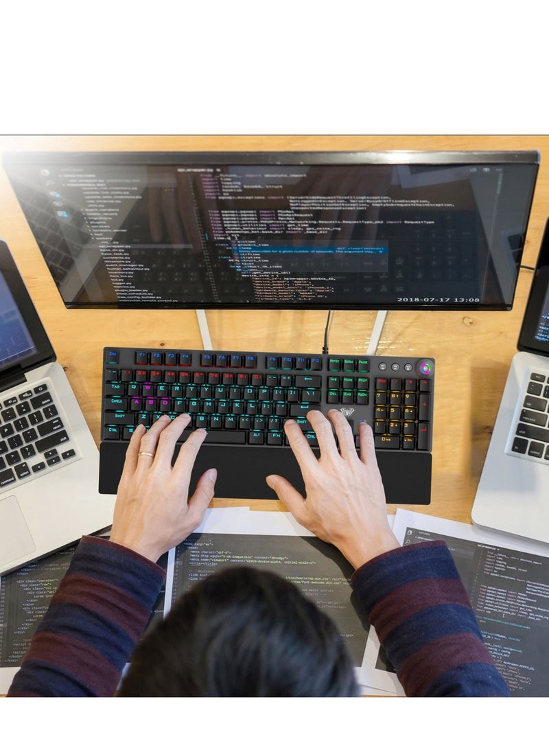 AULA - Mechanical Gaming Keyboard NKRO with Wrist Rest RGB Backlit Volume/Lighting Control Knob Fully Programmable 108-Keys Anti-Ghosting Wired Computer Keyboards for Office/Games, Blue Switch - Image 1