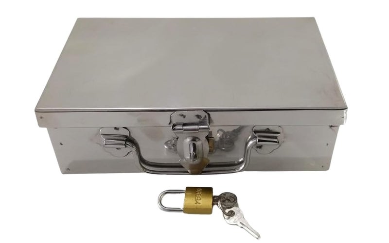 GinoSet® Stainless Steel Storage Box with Manual Key Lock Secure Cash, Safe Locker Box, Pooja Peti, Organizer, Vanity Box for Home, Office and locker storage (Steel) W-8", H-2.50", L-5" Cash Box - Image 3
