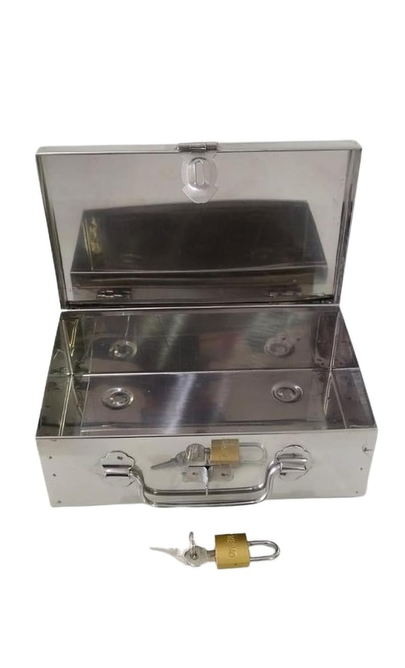GinoSet® Stainless Steel Storage Box with Manual Key Lock Secure Cash, Safe Locker Box, Pooja Peti, Organizer, Vanity Box for Home, Office and locker storage (Steel) W-8", H-2.50", L-5" Cash Box - Image 4