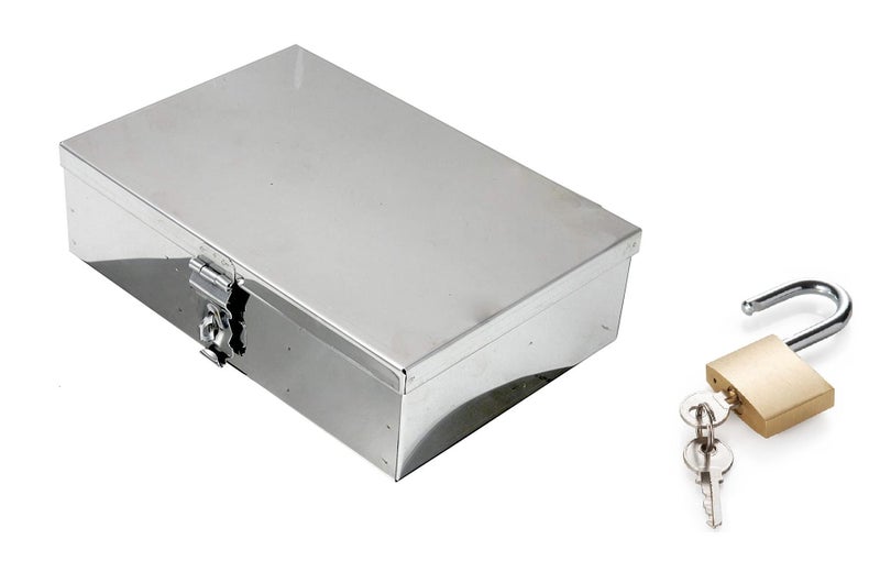 GinoSet® Stainless Steel Storage Box with Manual Key Lock Secure Cash, Safe Locker Box, Pooja Peti, Organizer, Vanity Box for Home, Office and locker storage (Steel) W-8", H-2.50", L-5" Cash Box - Image 1