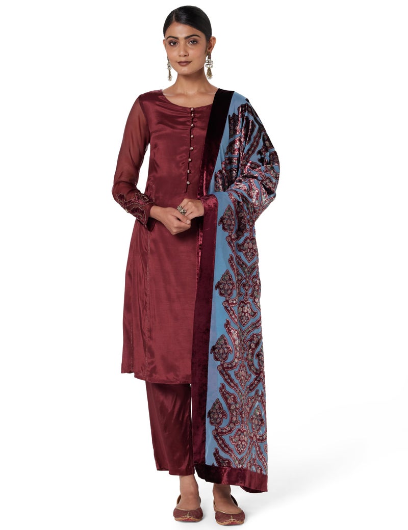 Wishful by W Women's Viscose Kurta, Straight Pant & Dupatta (23AUSP11254-218261_Tawny Port - Image 1
