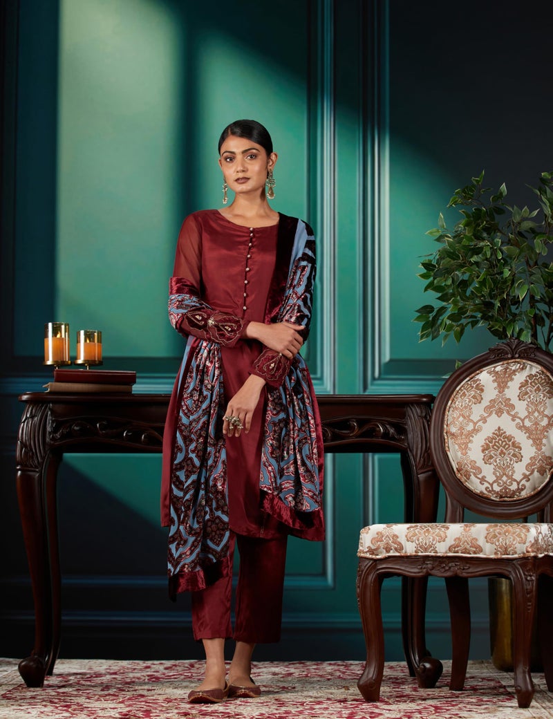 Wishful by W Women's Viscose Kurta, Straight Pant & Dupatta (23AUSP11254-218261_Tawny Port - Image 2