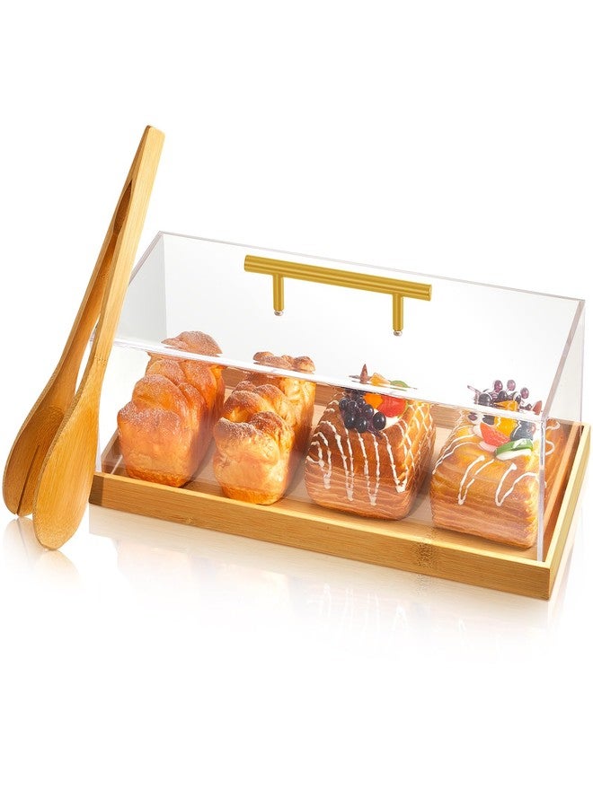 FoldTier Rectangular Cake Tray with Lid 14" x 6" x 4" Bakery Pastry Display Case with Wood Base Dessert Holder Tray Rectangular Serving Tray with Serving Tong for Party Banquets Wedding Dessert Shop - Image 1