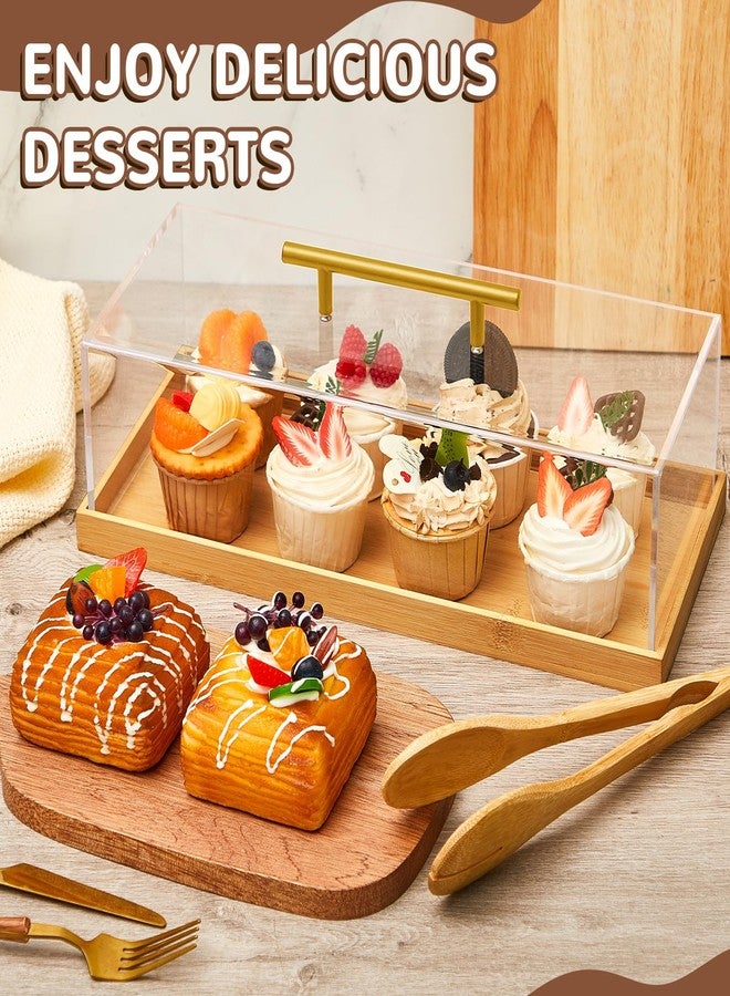 FoldTier Rectangular Cake Tray with Lid 14" x 6" x 4" Bakery Pastry Display Case with Wood Base Dessert Holder Tray Rectangular Serving Tray with Serving Tong for Party Banquets Wedding Dessert Shop - Image 4