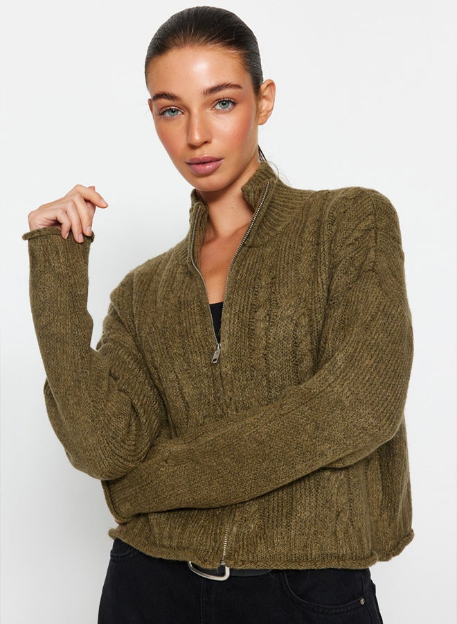 trendyol Khaki Crop Soft Texture Zippered Hair Knitted Sweater Cardigan - Image 1