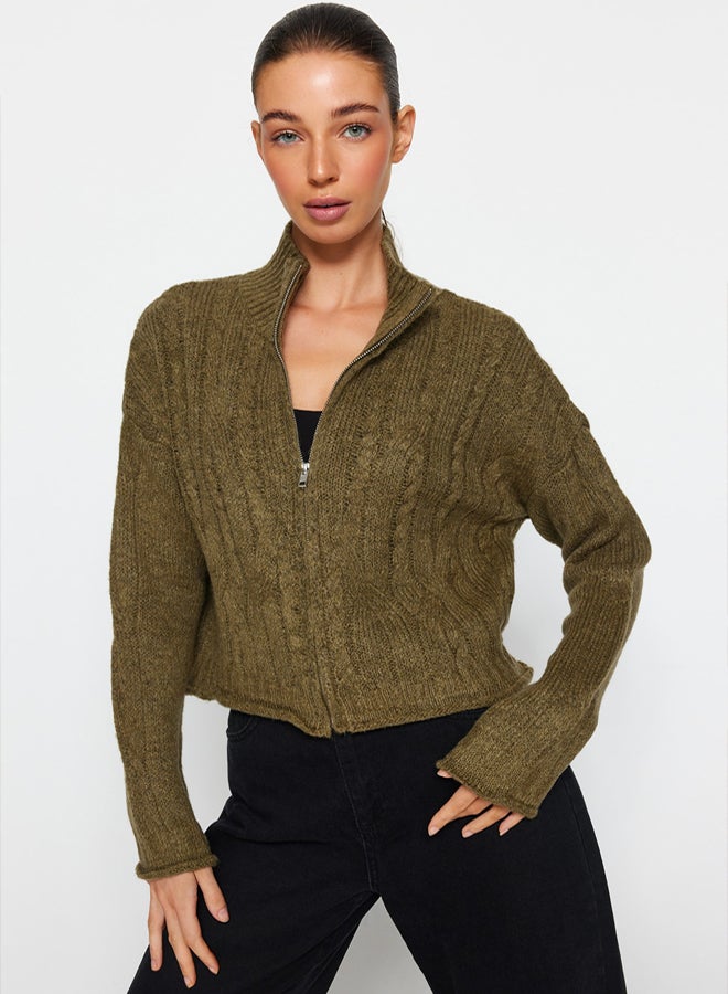 trendyol Khaki Crop Soft Texture Zippered Hair Knitted Sweater Cardigan - Image 3
