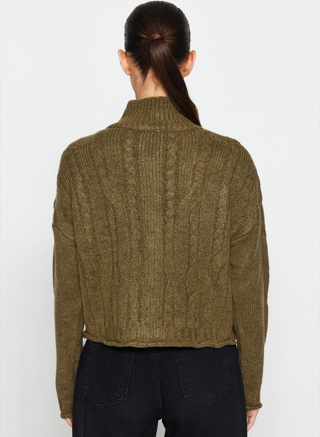 trendyol Khaki Crop Soft Texture Zippered Hair Knitted Sweater Cardigan - Image 5