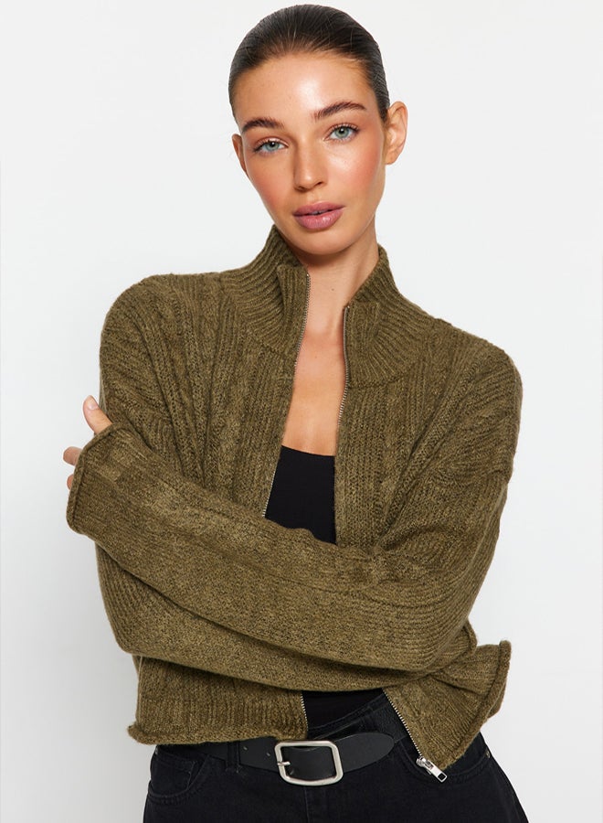 trendyol Khaki Crop Soft Texture Zippered Hair Knitted Sweater Cardigan - Image 2