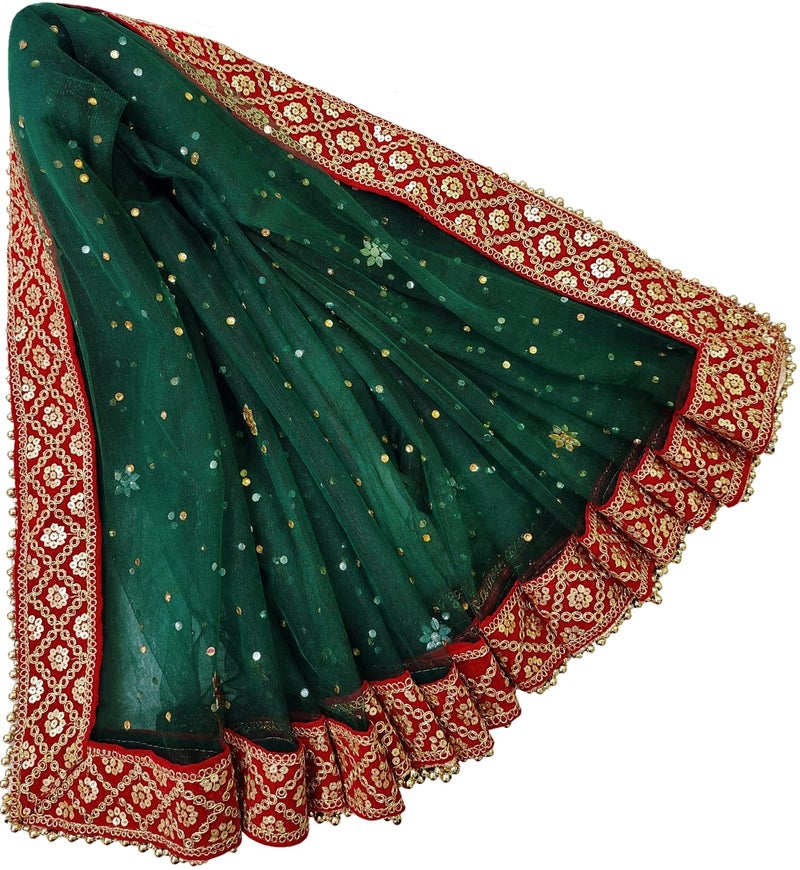 Navti Creations Women's Heavy Dark Green Net Dupatta With Red Check Design Embroidery Border (stone work, 2.2m) (Dark green-red) - Image 1
