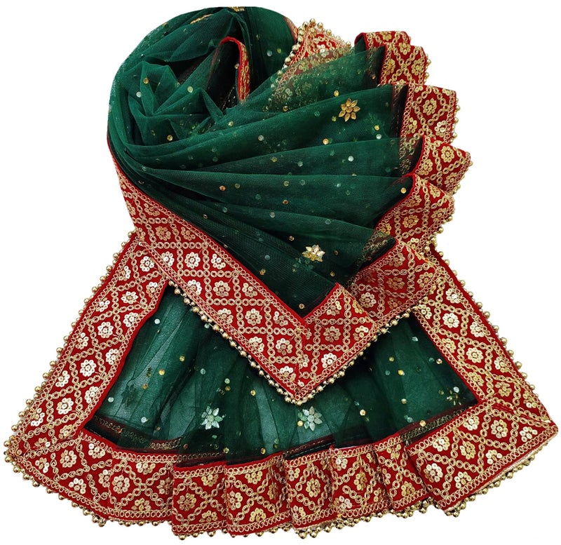 Navti Creations Women's Heavy Dark Green Net Dupatta With Red Check Design Embroidery Border (stone work, 2.2m) (Dark green-red) - Image 2