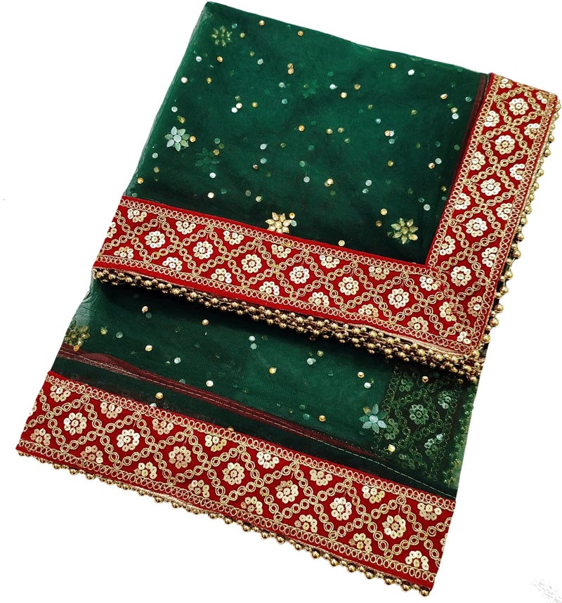 Navti Creations Women's Heavy Dark Green Net Dupatta With Red Check Design Embroidery Border (stone work, 2.2m) (Dark green-red) - Image 3
