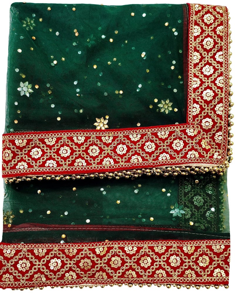 Navti Creations Women's Heavy Dark Green Net Dupatta With Red Check Design Embroidery Border (stone work, 2.2m) (Dark green-red) - Image 4