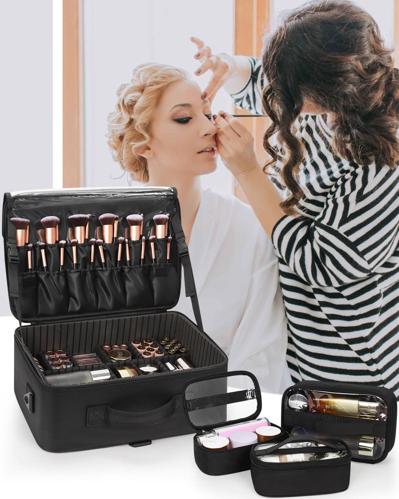 Relavel Large Makeup Bag with 3 Removable Pouches, Travel Train Case Cosmetic Organizer Carrying Box for Makeup Artists Hairstylist with Adjustable Dividers, Brush Holder and Shoulder Strap, Black - Image 2