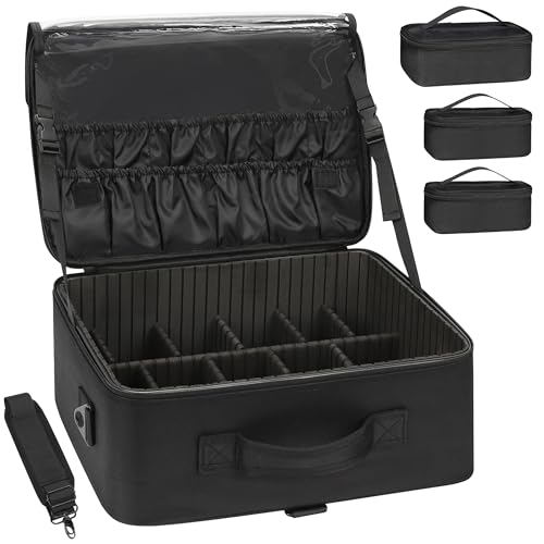 Relavel Large Makeup Bag with 3 Removable Pouches, Travel Train Case Cosmetic Organizer Carrying Box for Makeup Artists Hairstylist with Adjustable Dividers, Brush Holder and Shoulder Strap, Black - Image 1