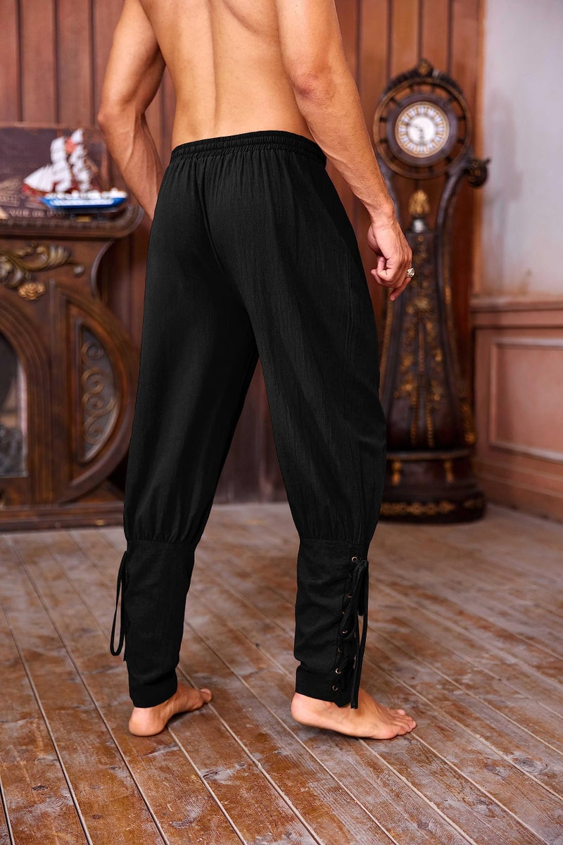 Runcati Mens Medieval Ankle Pants Viking Pirate Renaissance Costume Lace Up Tapered Banded Navigator Casual Trousers - Image 4