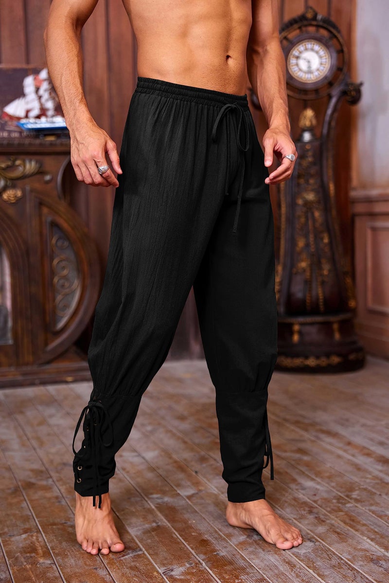 Runcati Mens Medieval Ankle Pants Viking Pirate Renaissance Costume Lace Up Tapered Banded Navigator Casual Trousers - Image 3